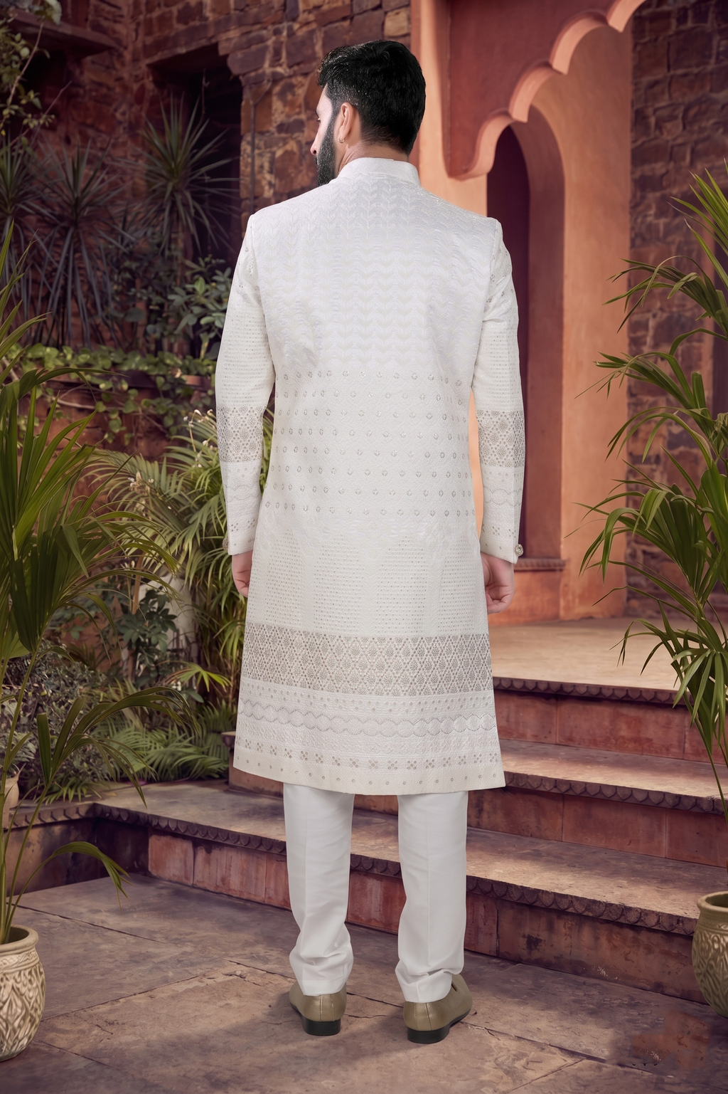 Men's SILK WHITE BASE(CREAM EMBROIDARY)  SHERWANI