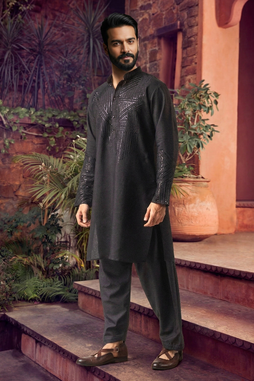Men's Silk Blend Black Printed,Embroidery Work Kurta with payjama