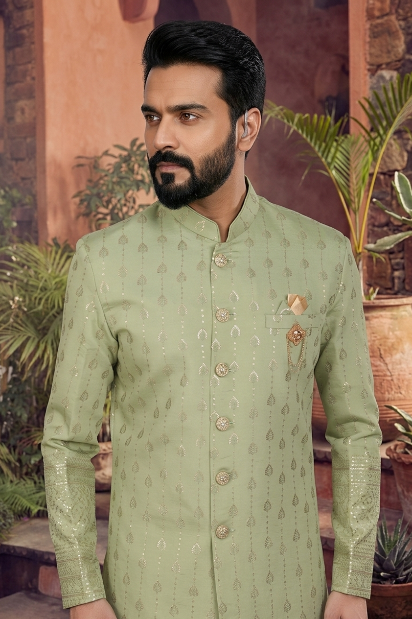 Men's SILK GREEN  SEMI-INDO-WESTERN