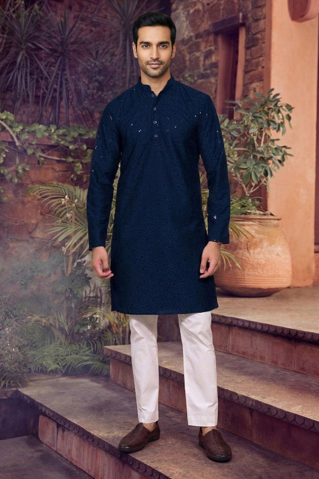 Men's Cotton Cream Designer Embroidery Work Kurta with payjama