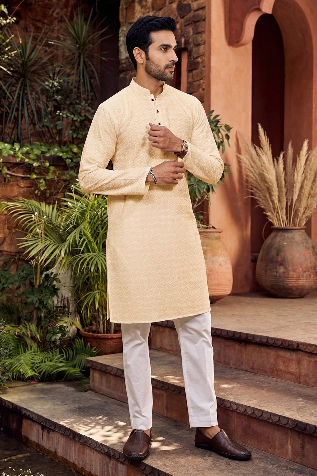 Men's Cotton Cream Designer Embroidery Work Kurta with payjama