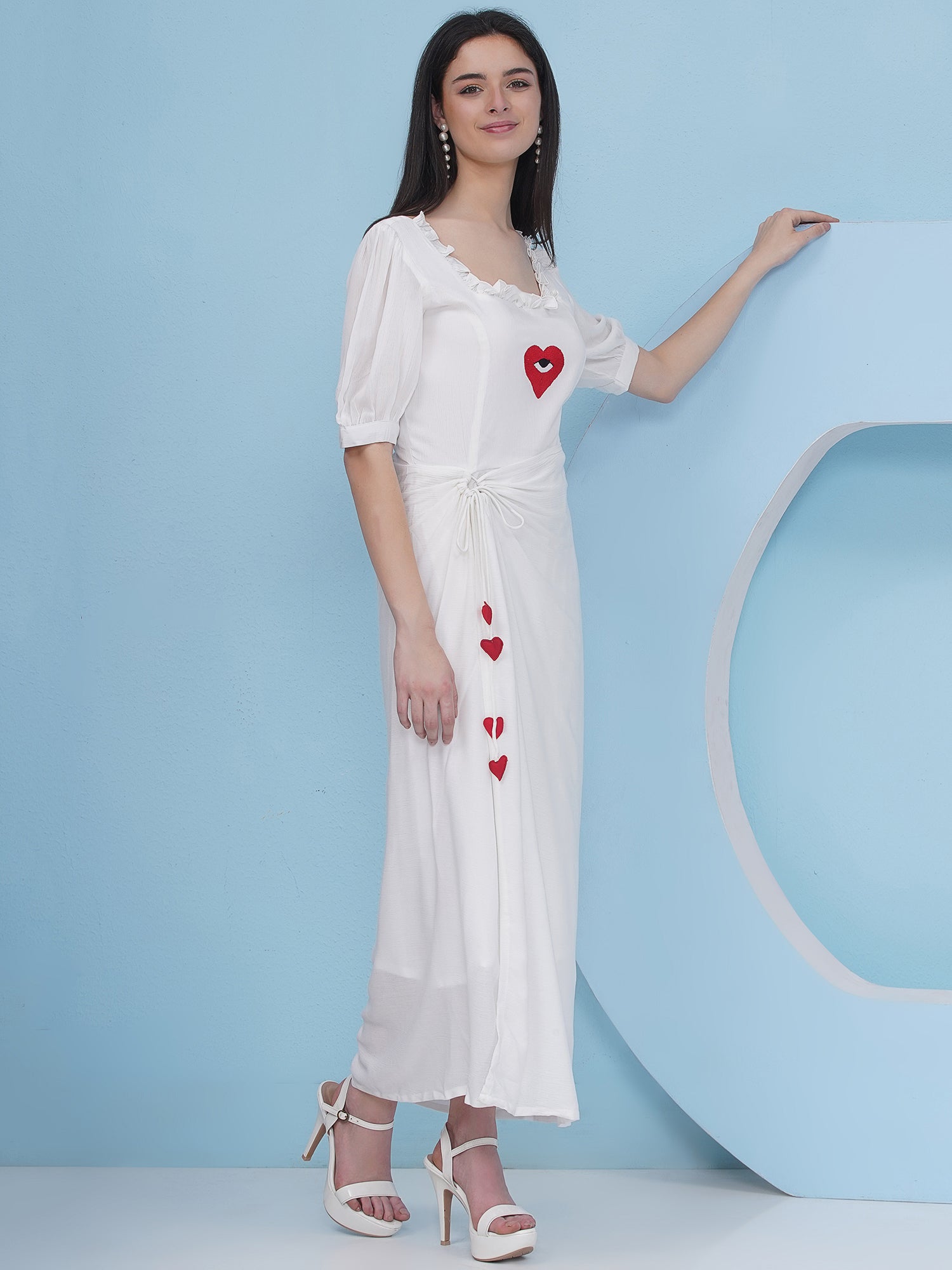 Embroidery White Drape Party Wear Dress