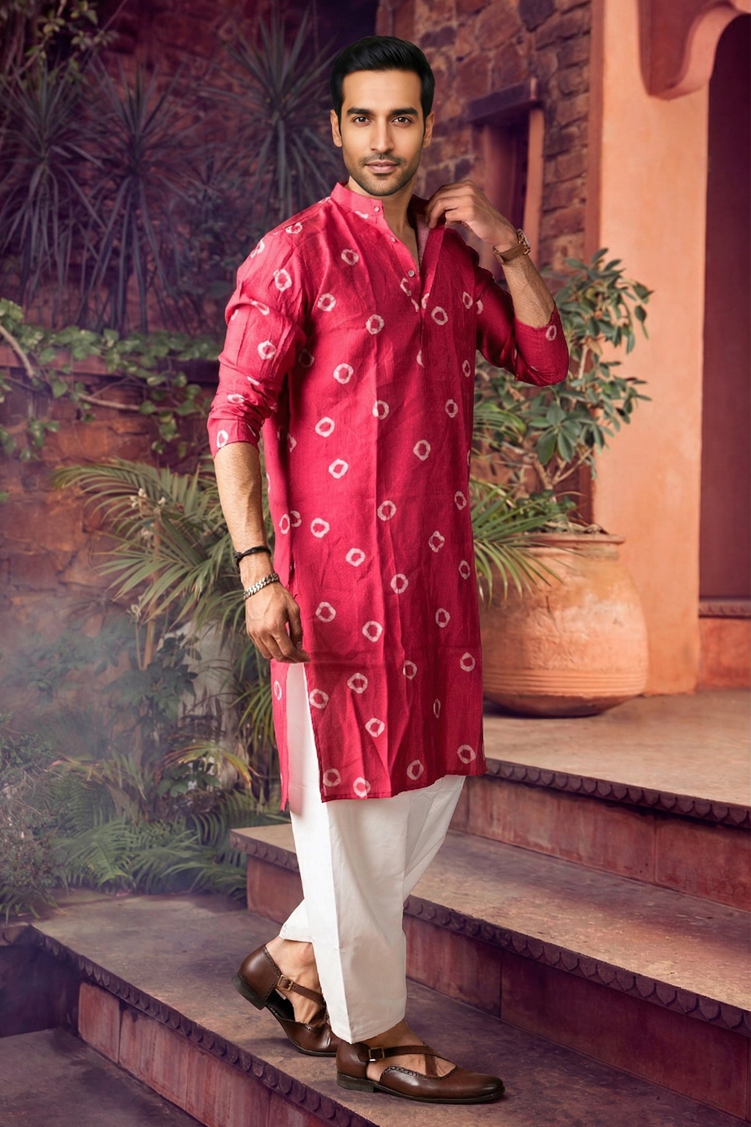Men's Viscose  Cream Designer Printed Kurta with payjama