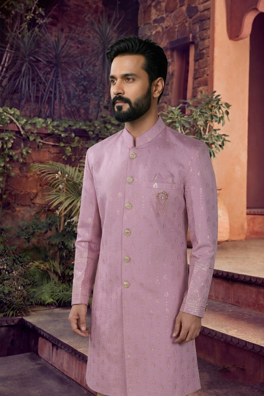 Men's SILK ONION PINK  SEMI-INDO-WESTERN