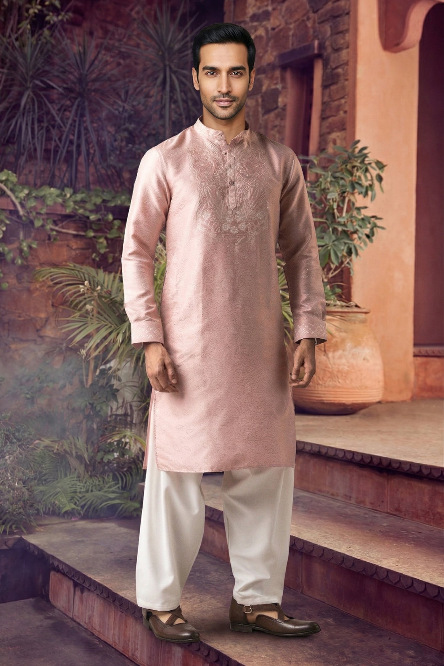 Men's Viscose Cream Woven, Embroidery Work Kurta with payjama