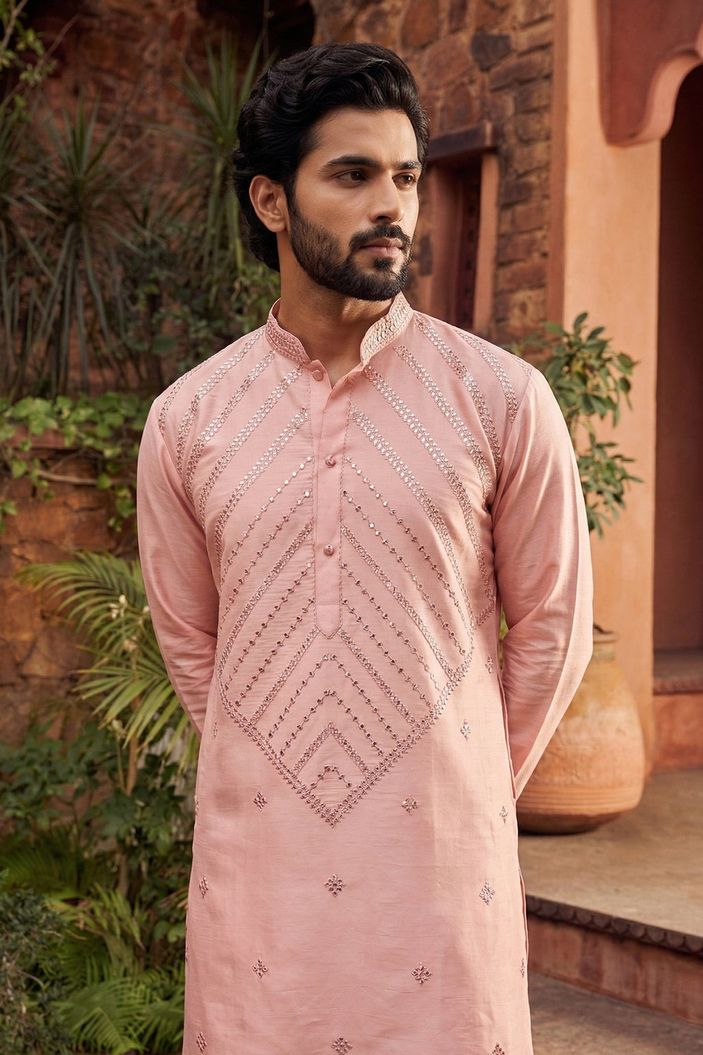 Men's Viscose Cream Woven, Embroidery Work Kurta with payjama