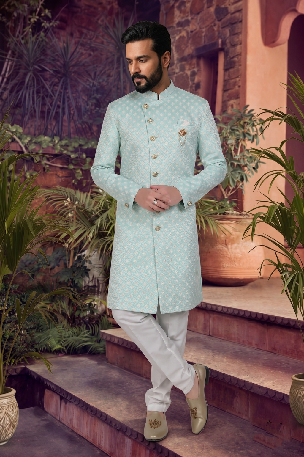 Men's WOVEN JACQUARD GREEN  SEMI-INDO-WESTERN