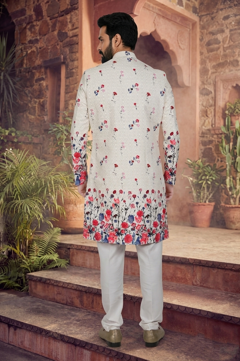 Men's SILK OFF WHITE(MULTI COLOURS EMBROIDARY)  SEMI-INDO-WESTERN
