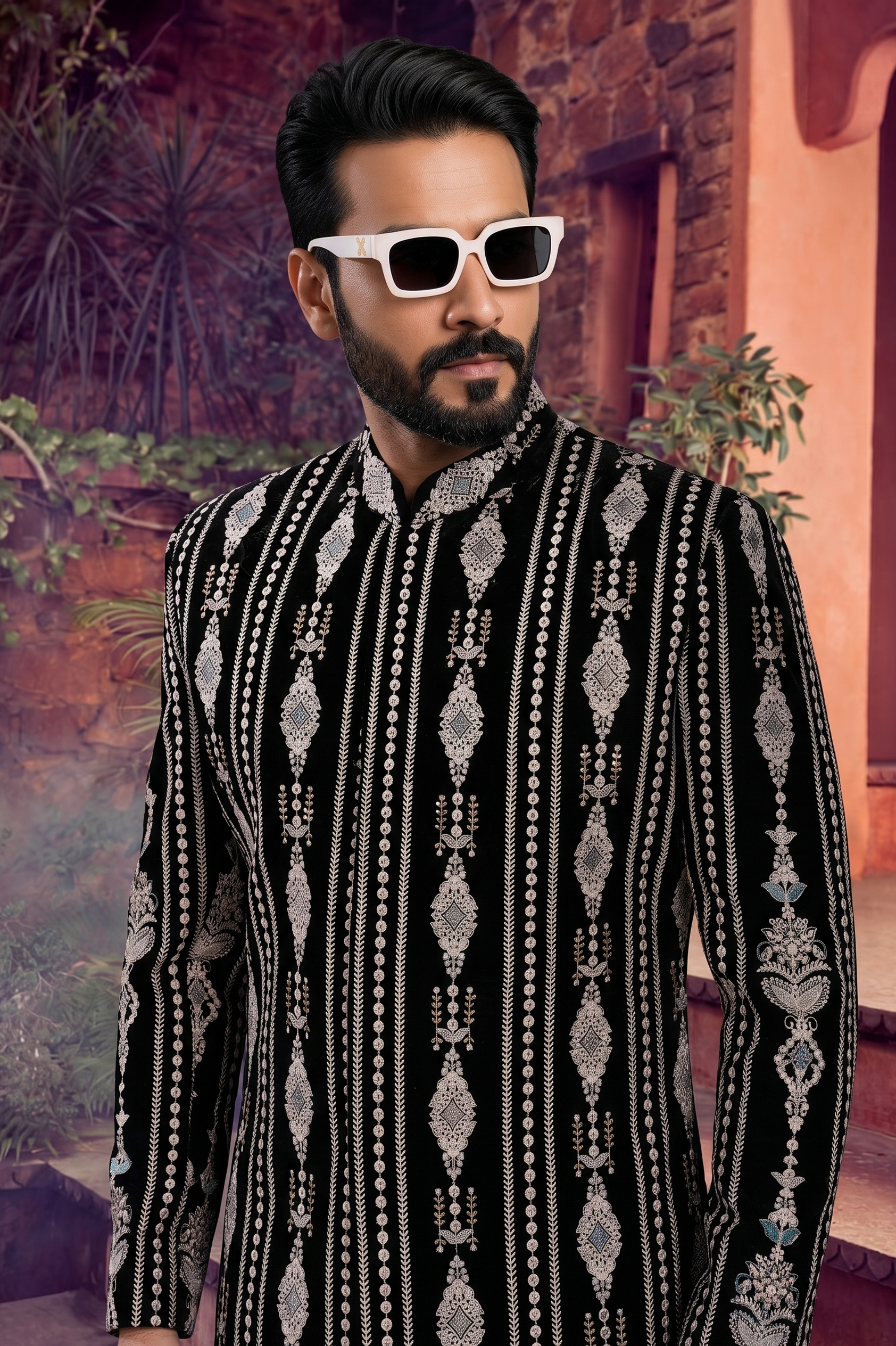 Men's VELVET BLACK(MULTI & WHITE COLOUR EMBROIDRY)  SHERWANI