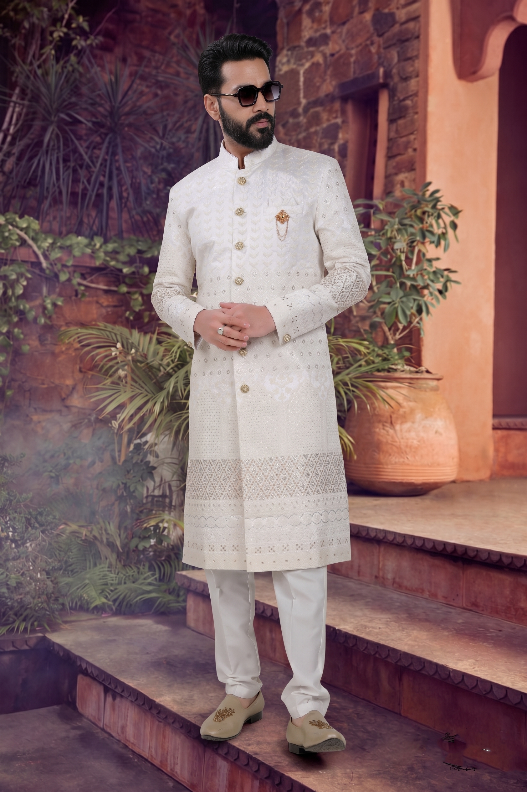 Men's SILK WHITE BASE(CREAM EMBROIDARY)  SHERWANI