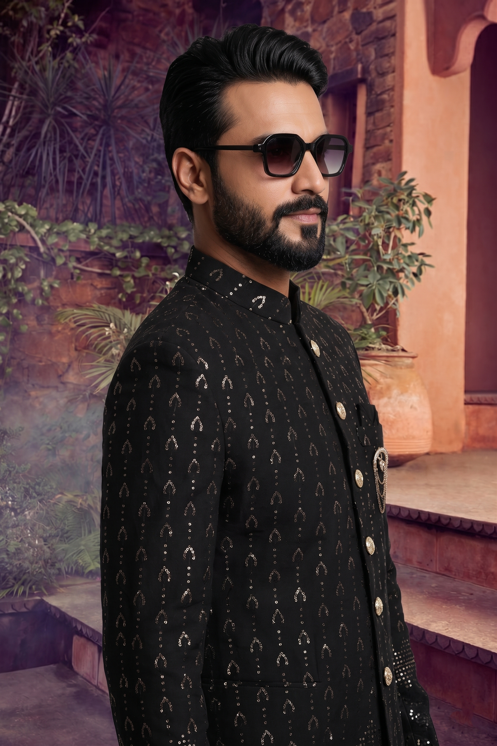Men's SILK BLACK  SEMI-INDO-WESTERN