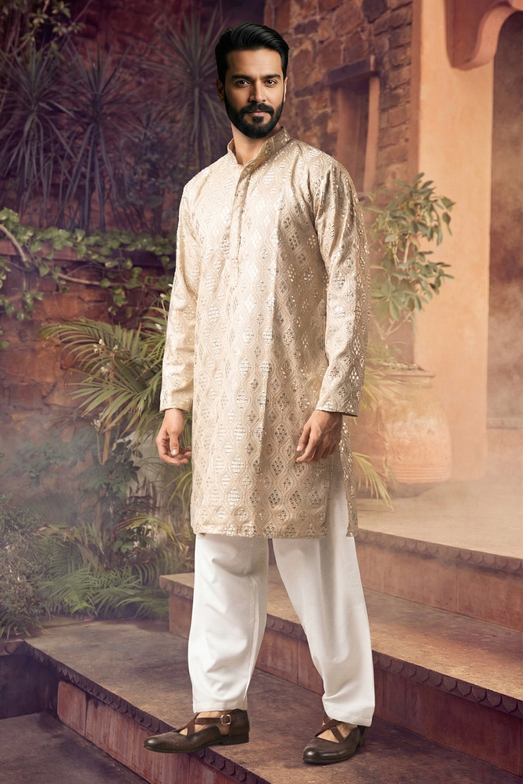 Men's Viscose Cream Designer Embroidery Work Kurta with payjama