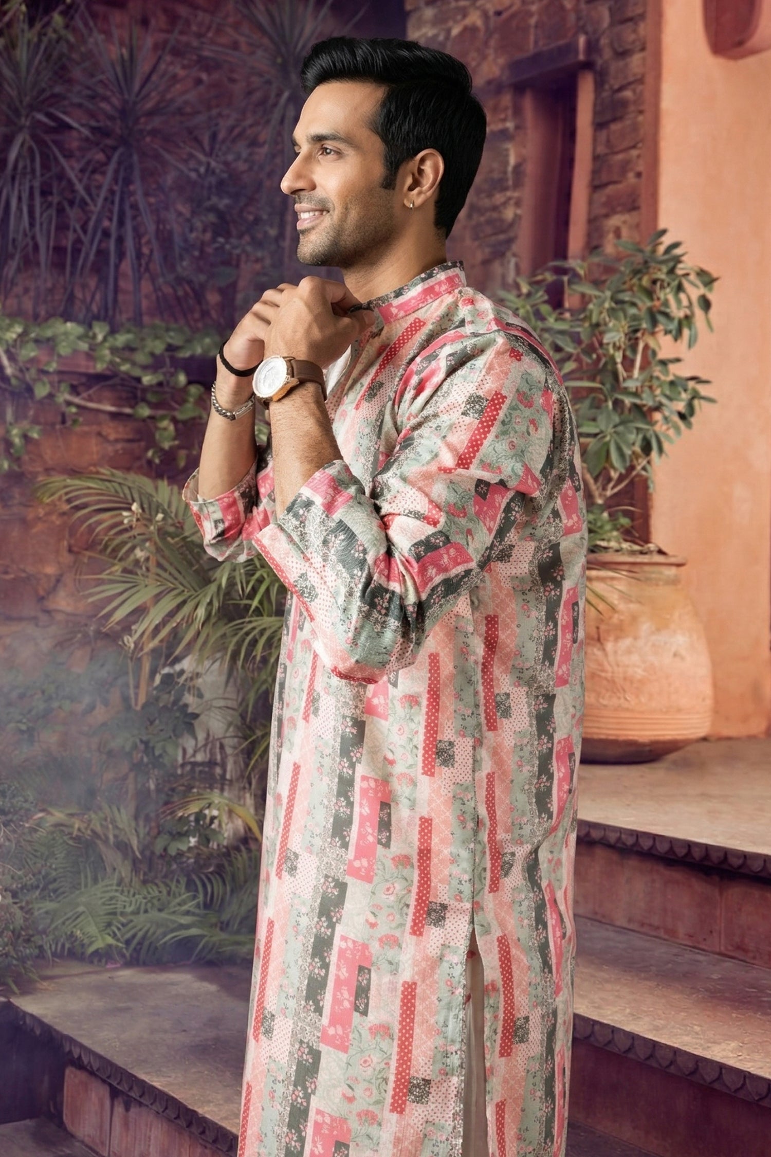 Men's Blended Cotton Cream Designer Printed Kurta with payjama