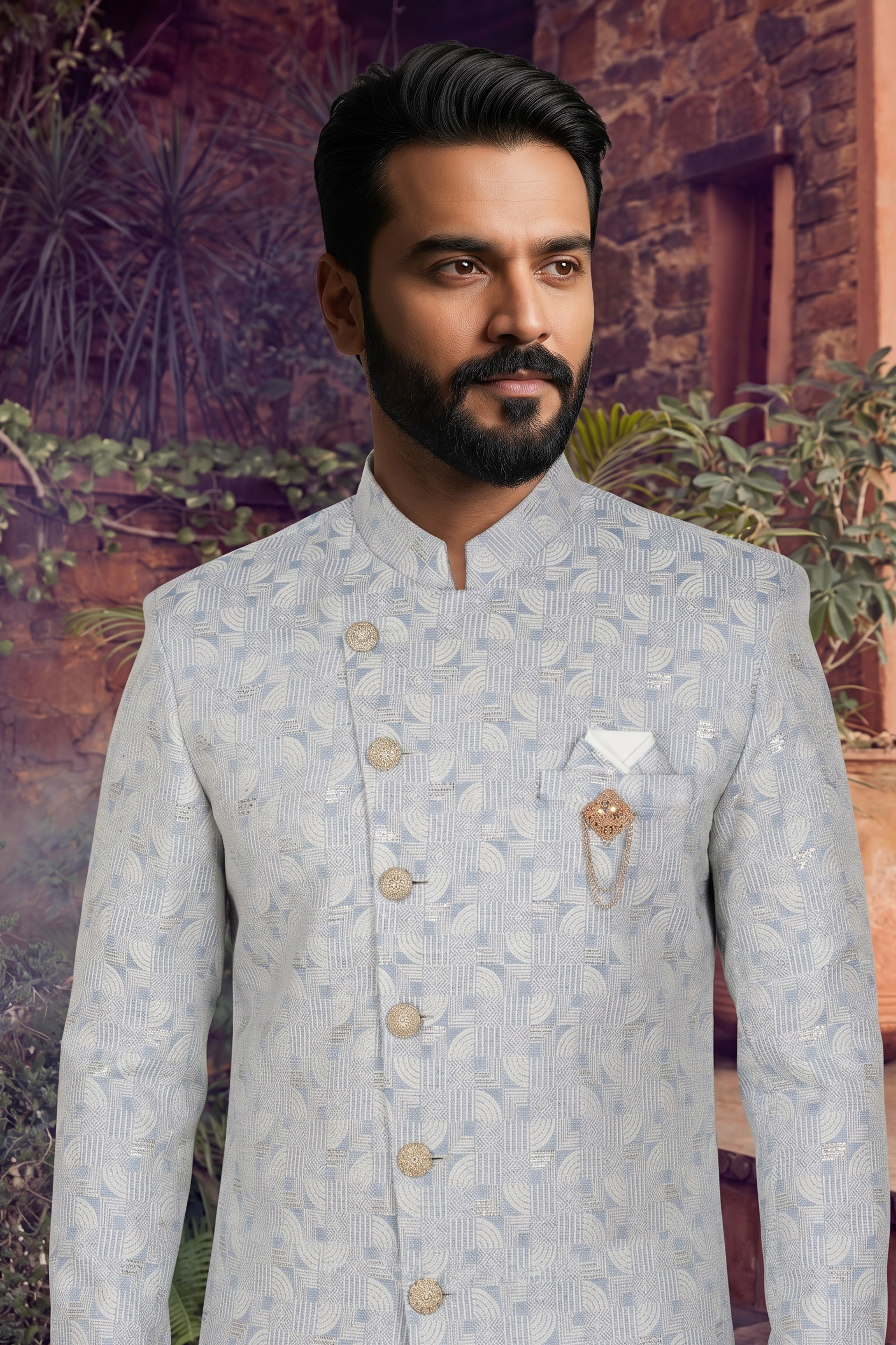 Men's WOVEN JACQUARD BLUE   SEMI-INDO-WESTERN