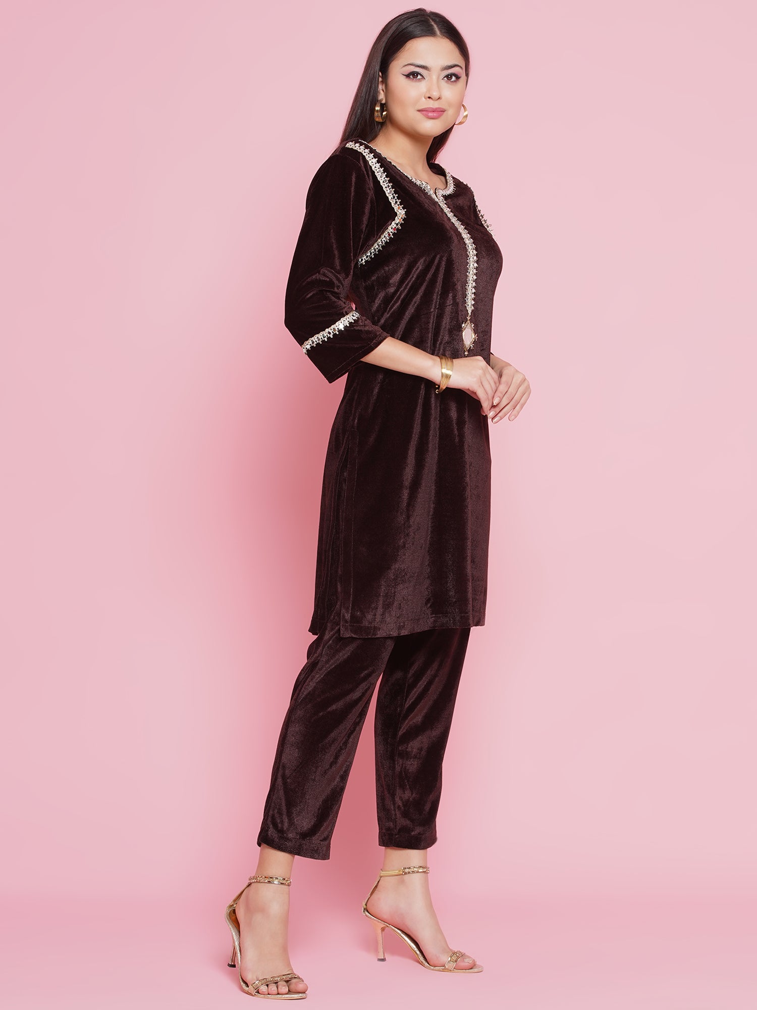 Women Brown Mirrior Work Velvet Coord Set