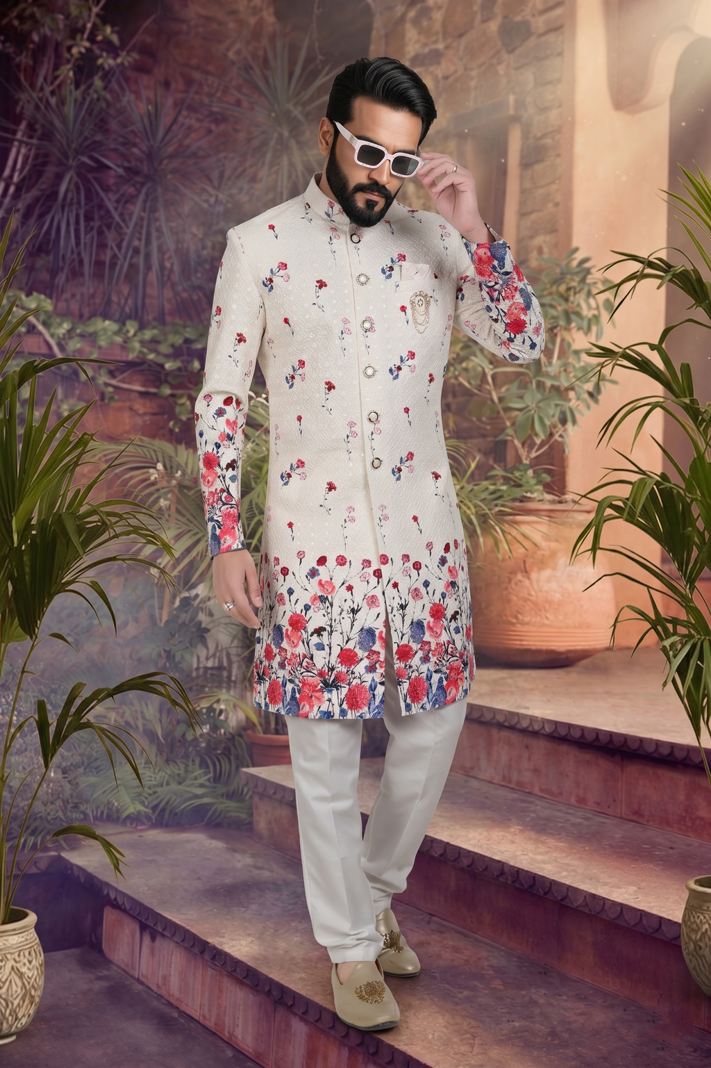 Men's SILK OFF WHITE(MULTI COLOURS EMBROIDARY)  SEMI-INDO-WESTERN