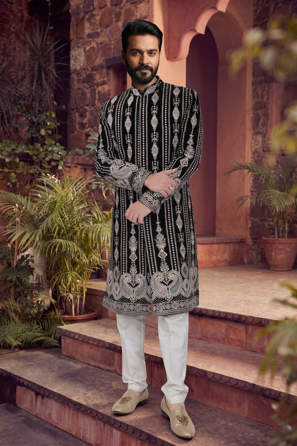 Men's VELVET BLACK(MULTI & WHITE COLOUR EMBROIDRY)  SHERWANI