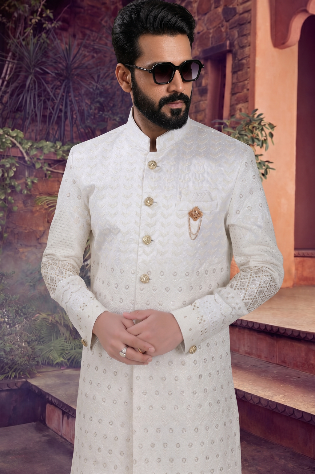 Men's SILK WHITE BASE(CREAM EMBROIDARY)  SHERWANI
