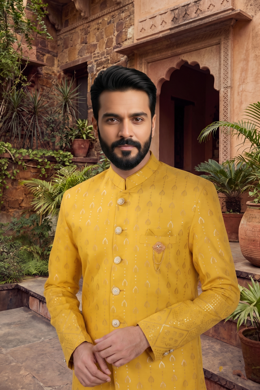 Men's SILK YELLOW  SEMI-INDO-WESTERN