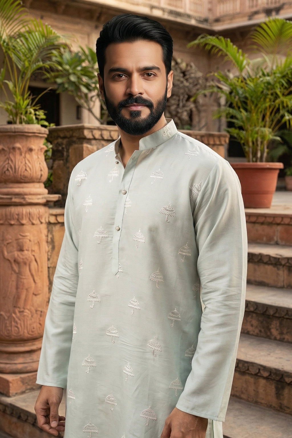 Men's Silk Blend Cream Designer Embroidery Work Kurta with payjama