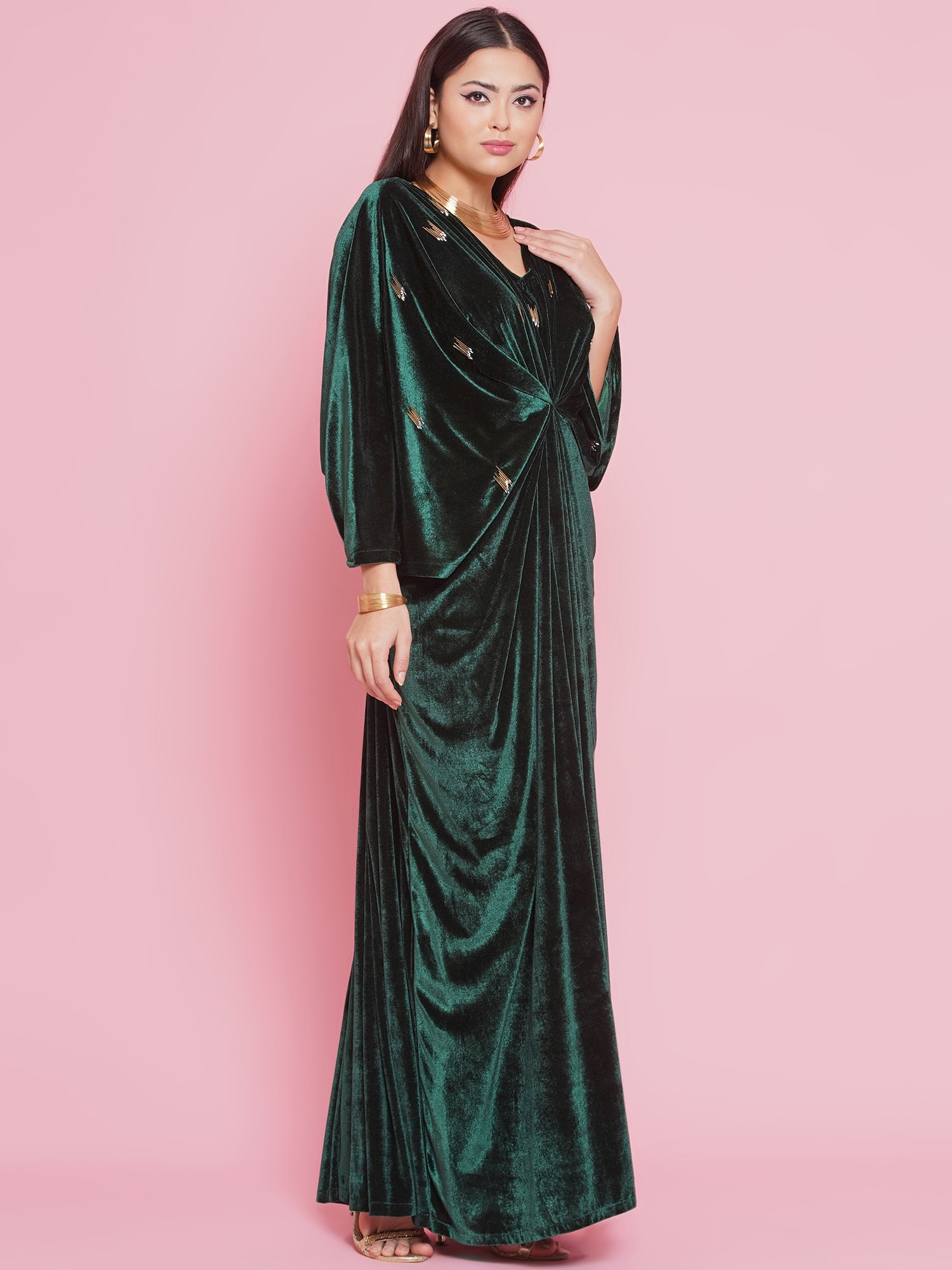 Women Green Velvet Hand Embellished Gown