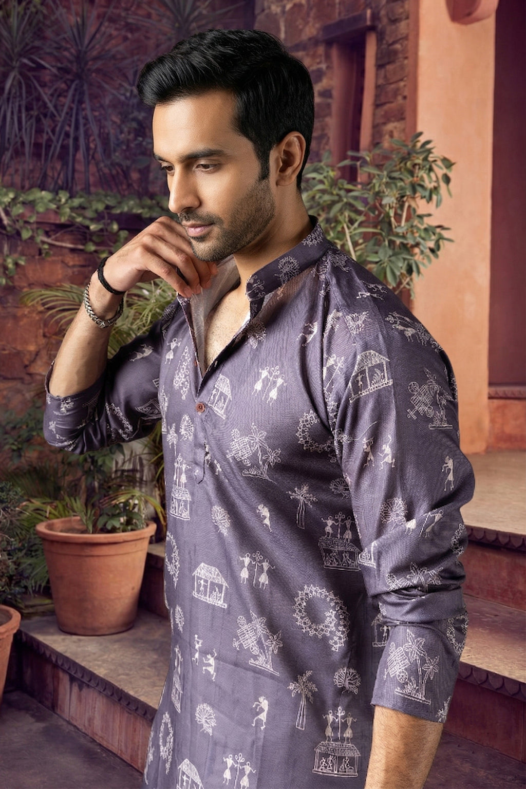 Men's Blended Cotton Cream Designer Printed Kurta with payjama