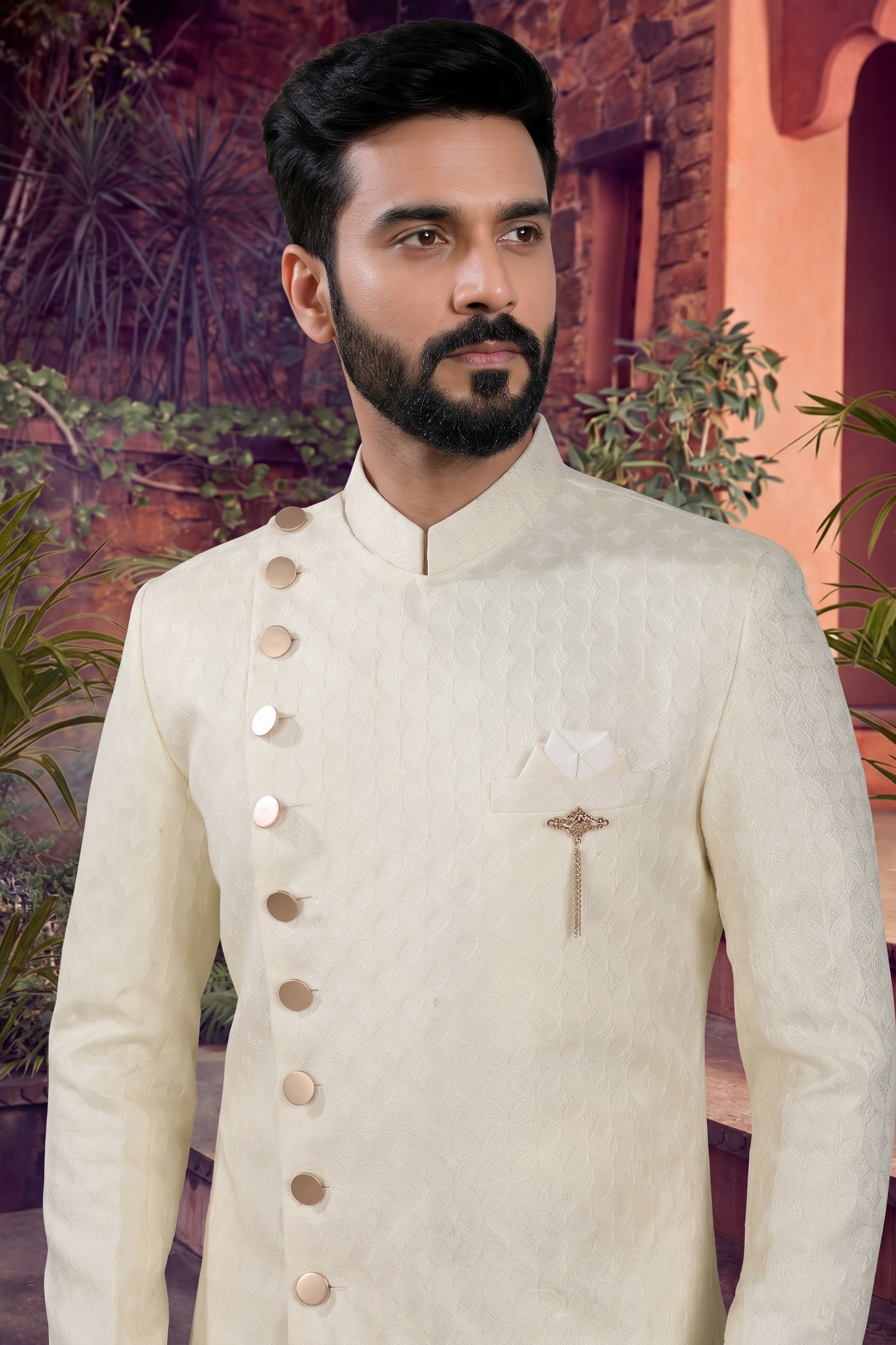 Men's WOVEN JACQUARD CREAM  SEMI-INDO-WESTERN