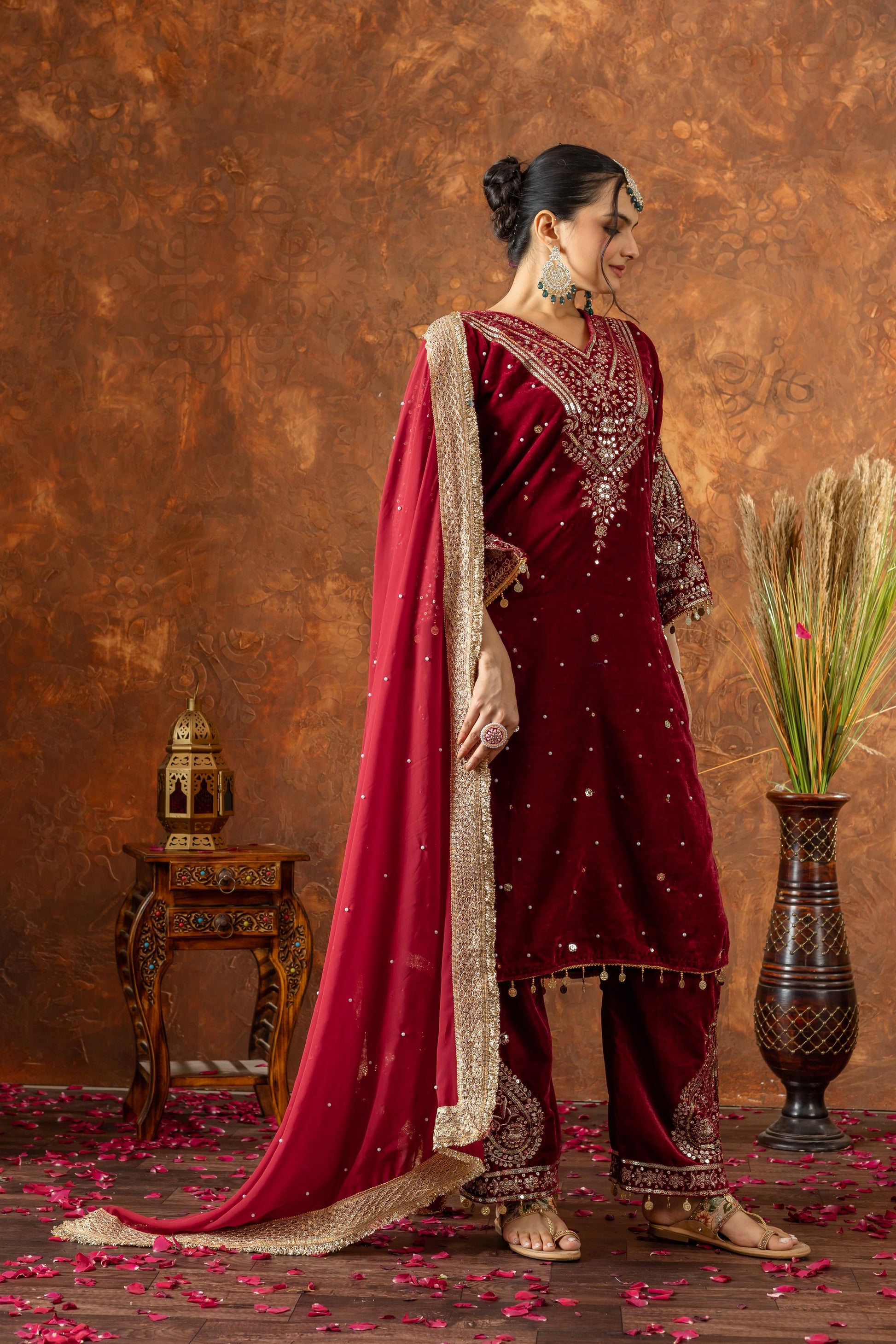 Women Red Velvet Kurta Set