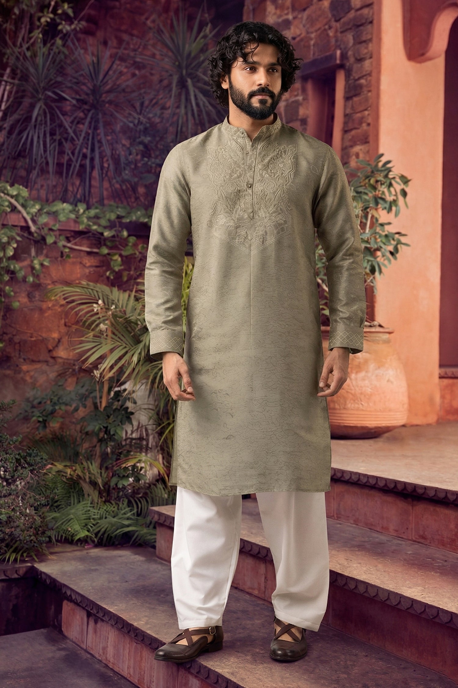 Men's Viscose Cream Woven,Embroidery Work Kurta with payjama