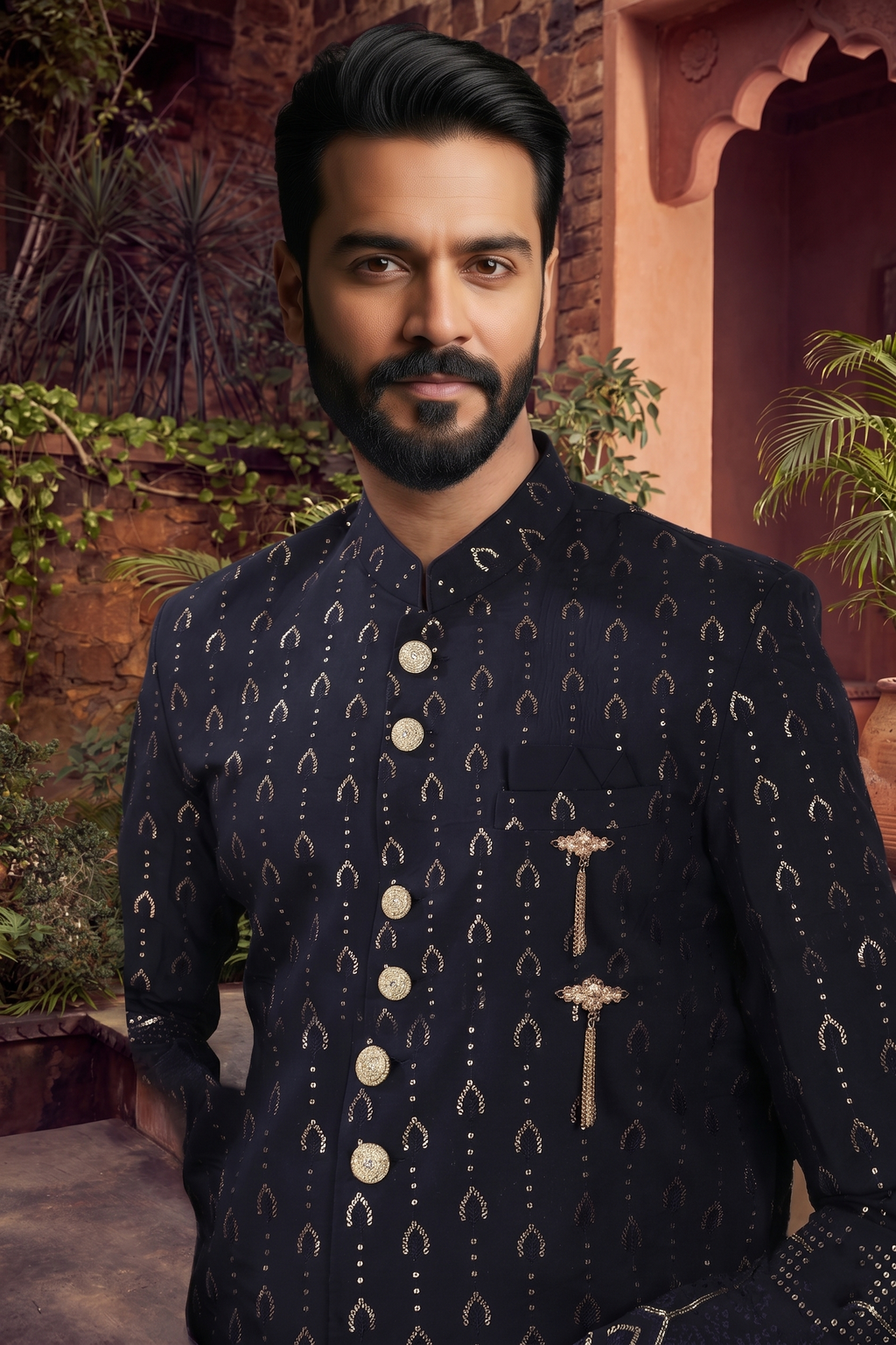 Men's SILK DARK BLUE  SEMI-INDO-WESTERN