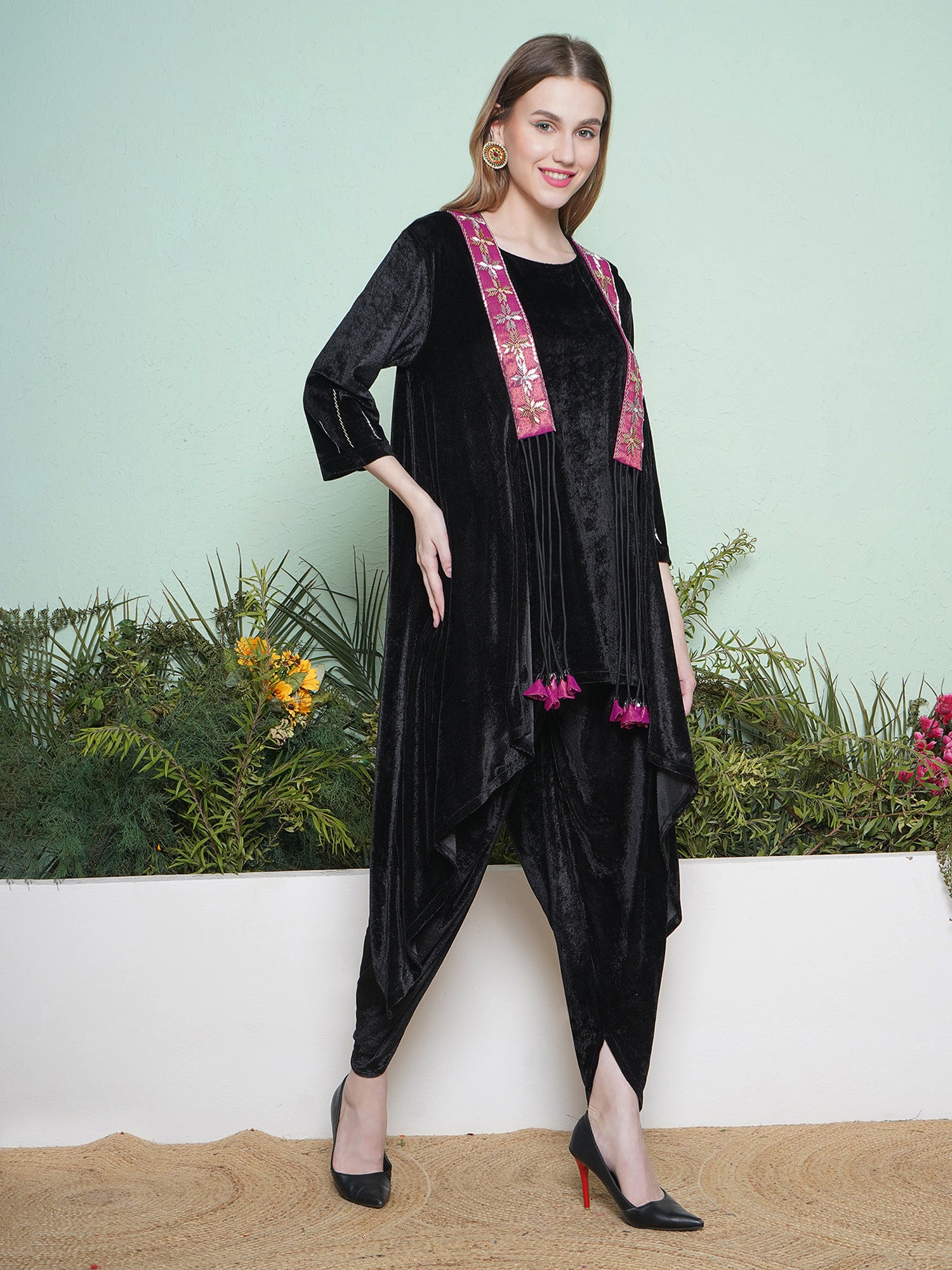 Women Black Dhoti Salwaar with Inner and  Hand Embellished Jacket