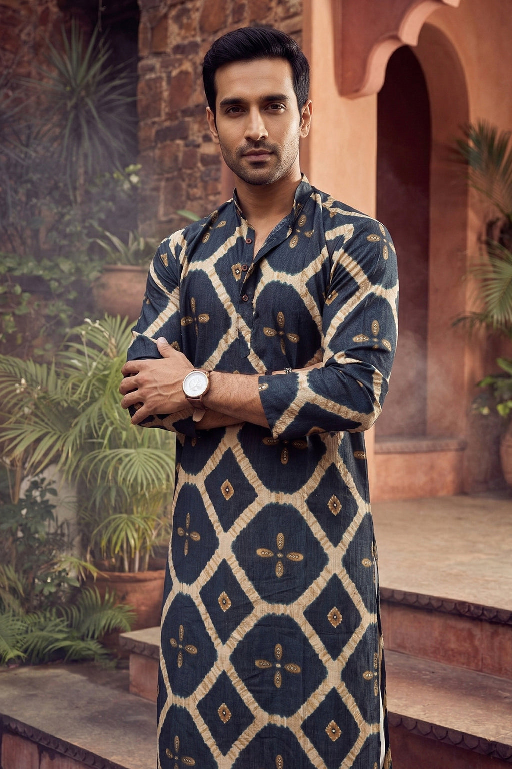 Men's Rayon Cream Designer Printed Kurta with payjama