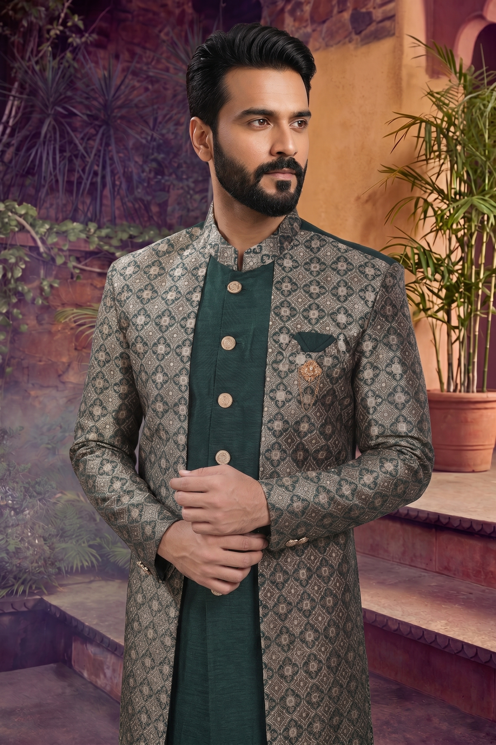 Men's SILK GREEN  SEMI-INDO-WESTERN