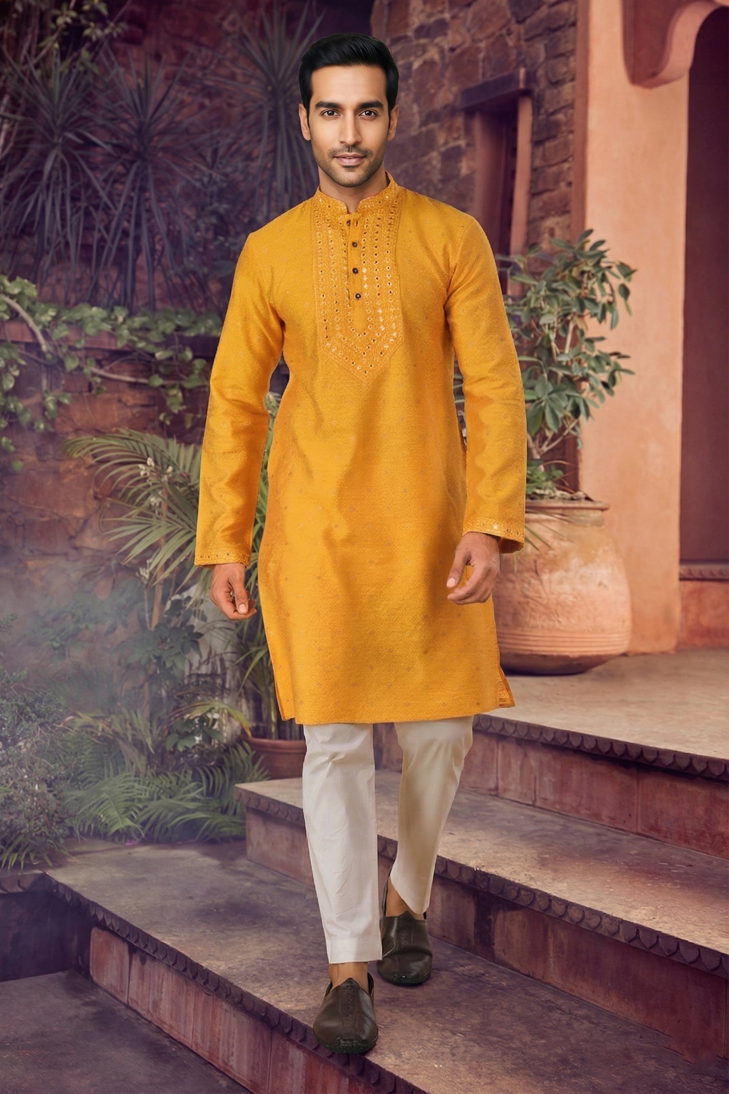 Men's Jacquard Silk Cream Designer Embroidery Work Kurta with payjama