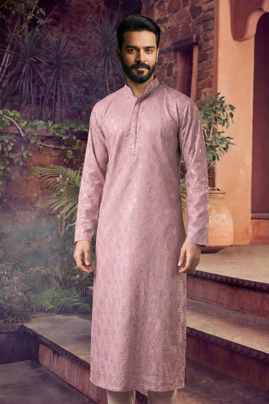 Men's Viscose Cream Designer Embroidery Work Kurta with payjama