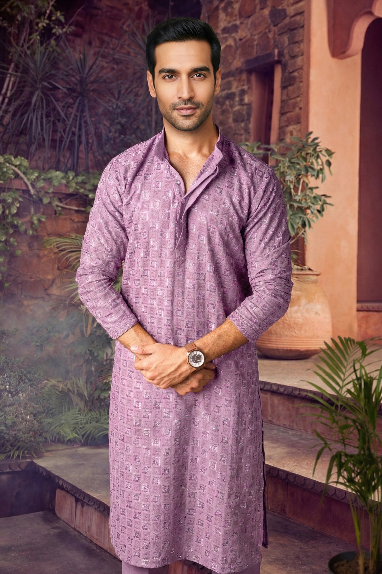 Men's Viscose Rayon Cream Designer Embroidery Work Kurta with payjama