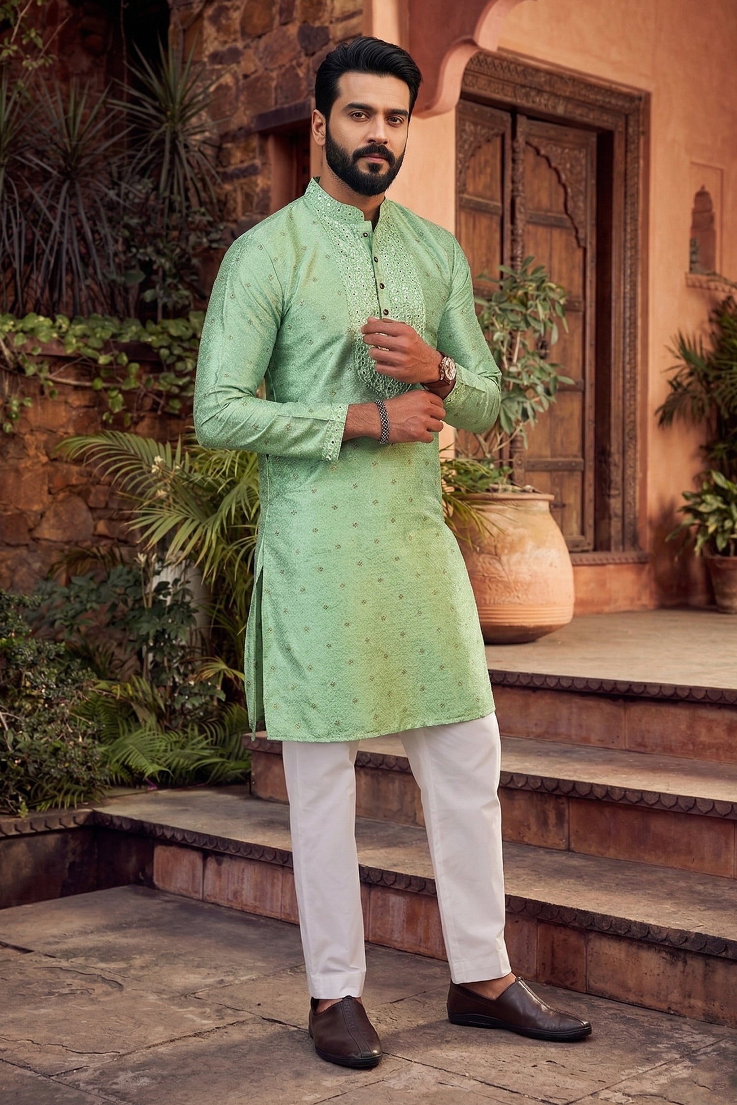 Men's Jacquard Silk Cream Designer Embroidery Work Kurta with payjama