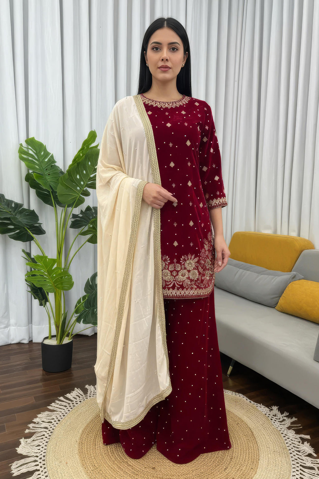 Women Maroon Velvet Kurta Set