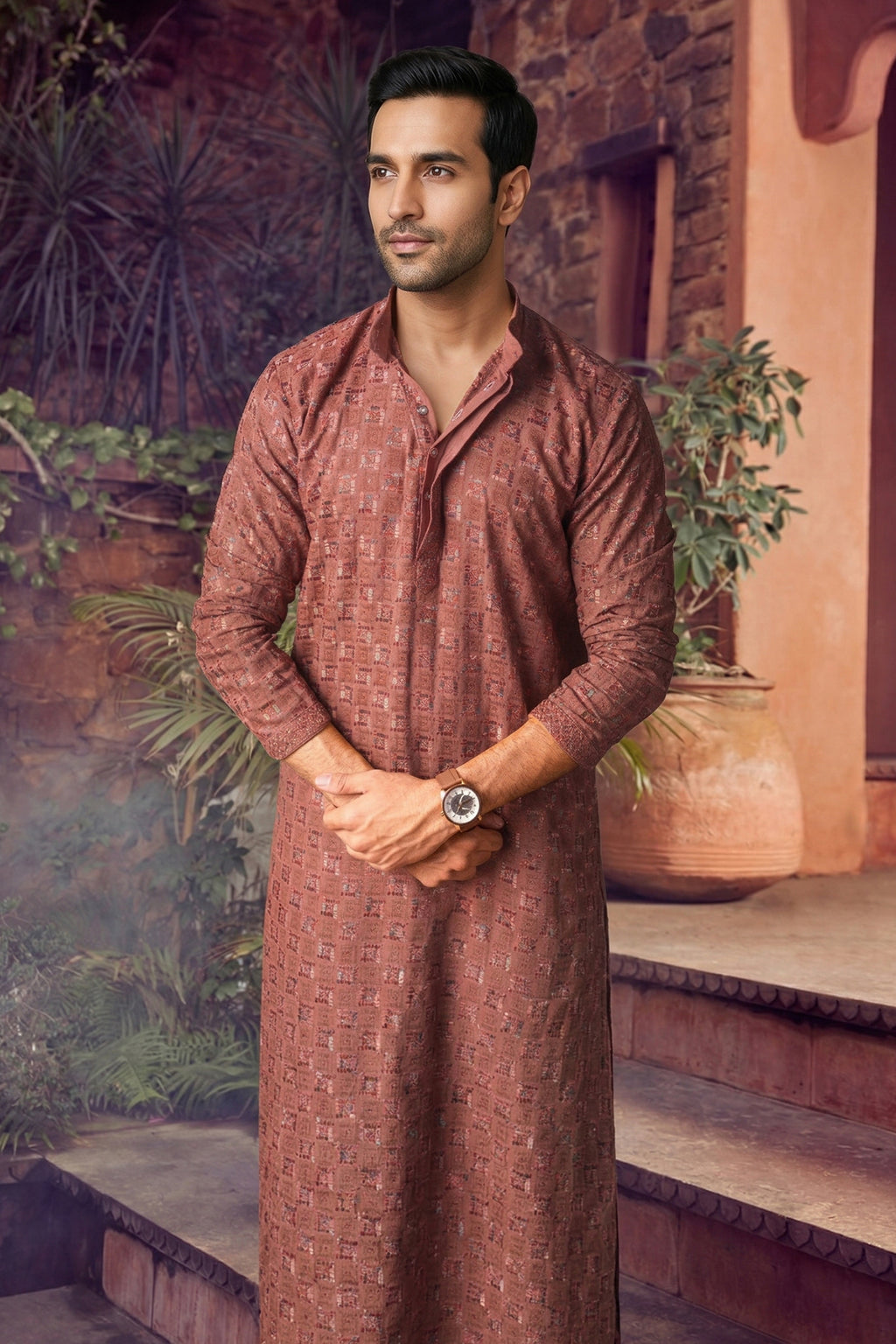 Men's Viscose Rayon Cream Designer Embroidery Work Kurta with payjama