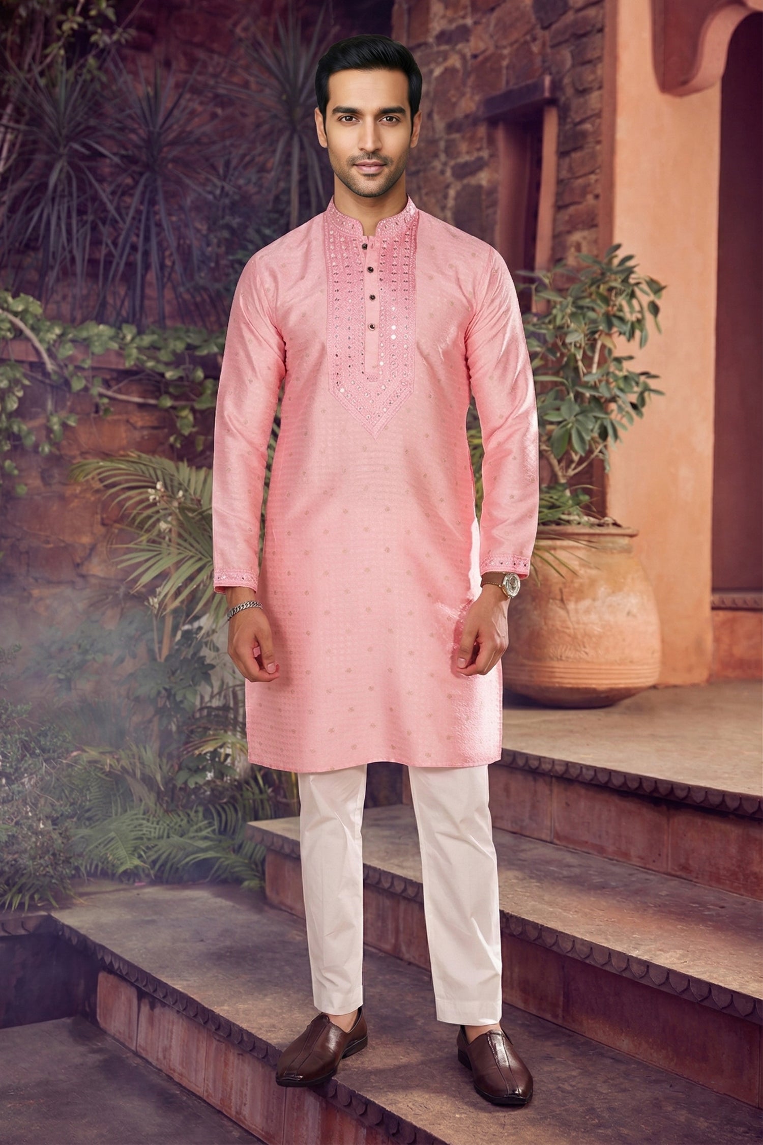 Men's Jacquard Silk Cream Designer Embroidery Work Kurta with payjama
