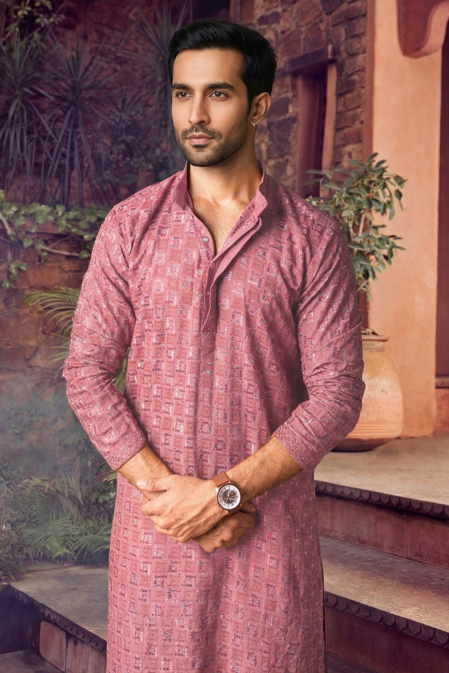 Men's Viscose Rayon Cream Designer Embroidery Work Kurta with payjama