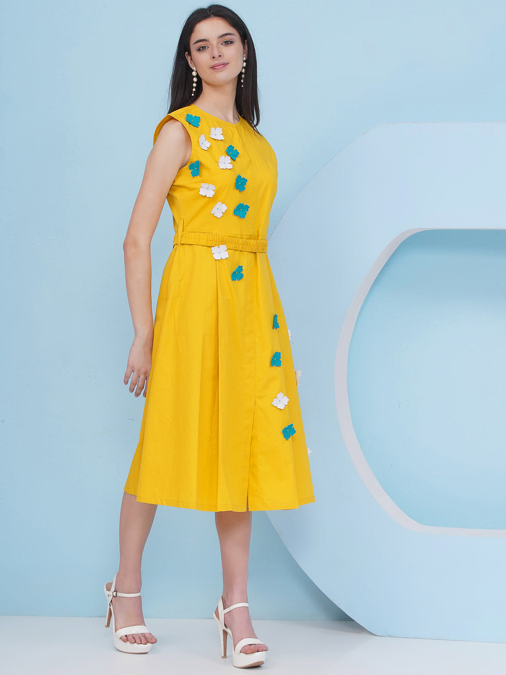 Yellow Party Wear Dress With Belt