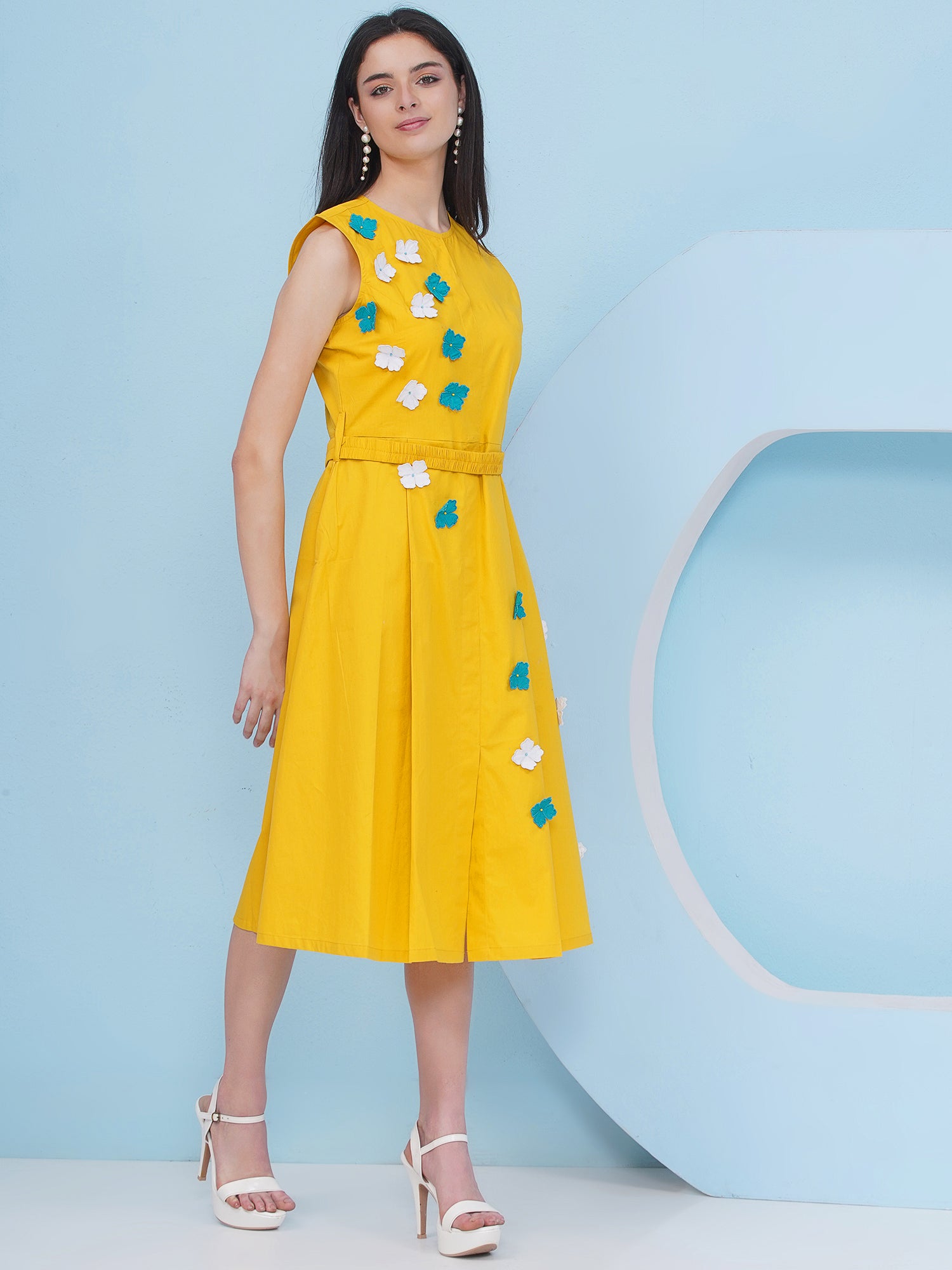 Yellow Party Wear Dress With Belt
