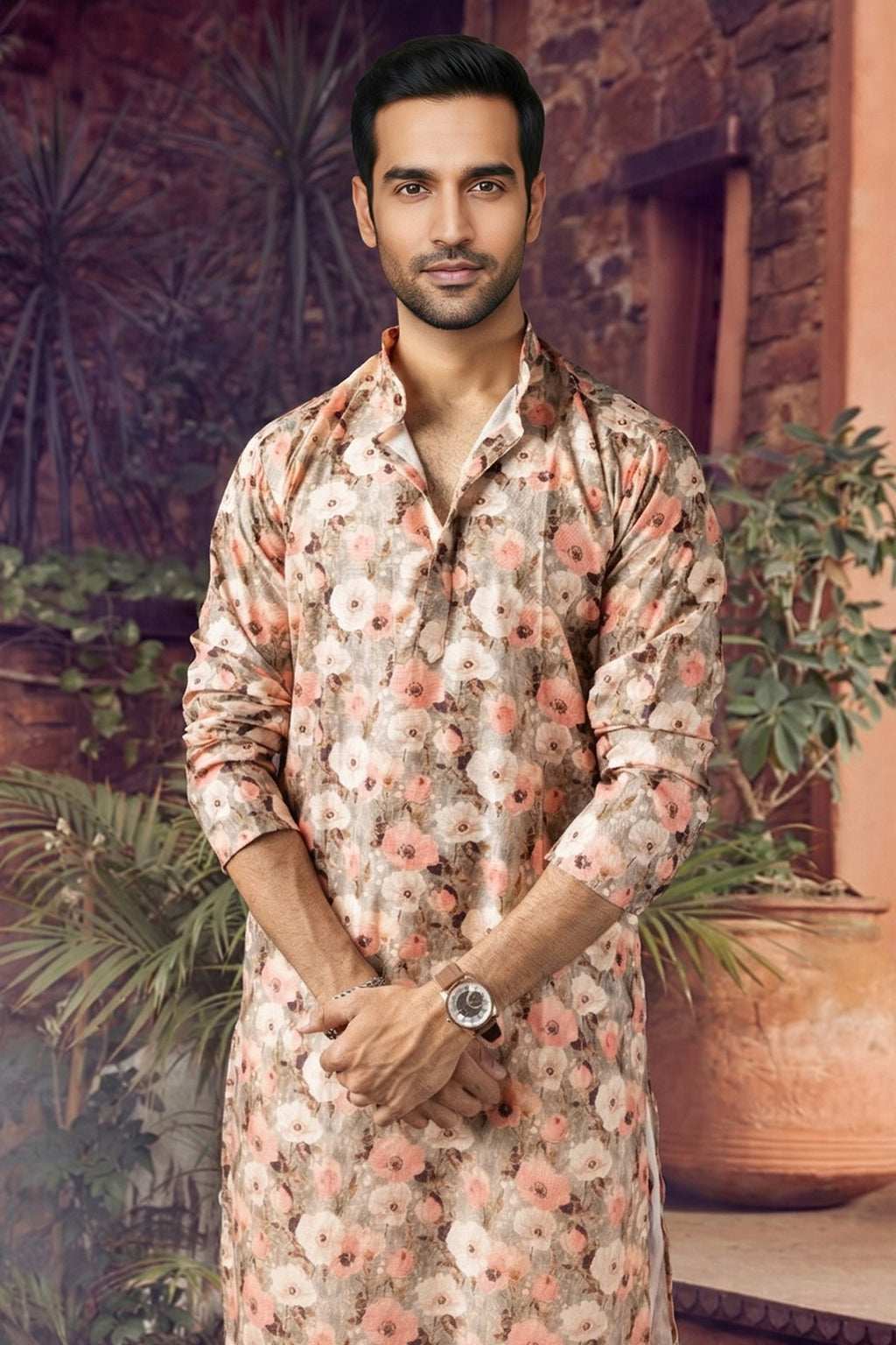 Men's Blended Cotton Cream Designer Printed Kurta with payjama