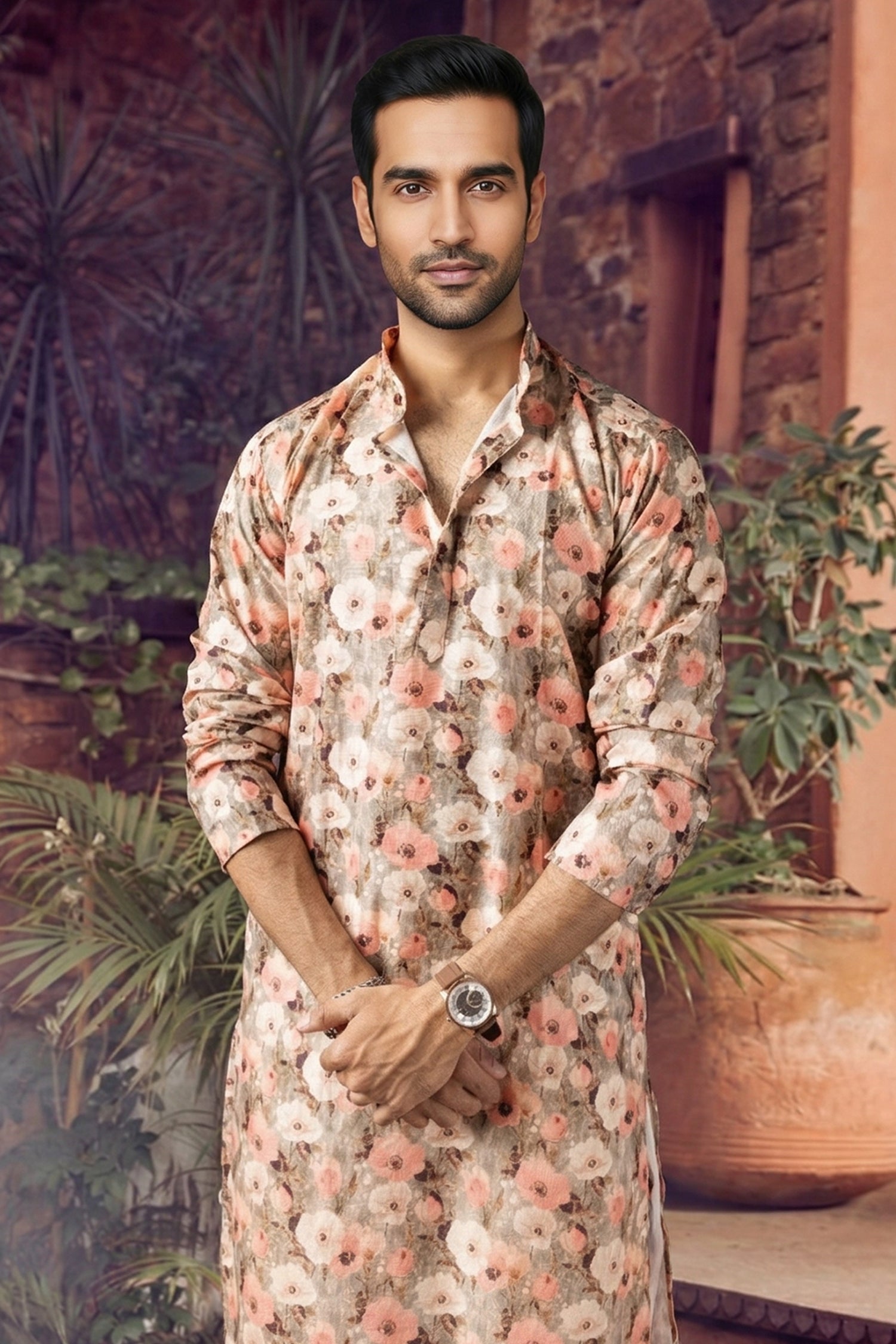 Men's Blended Cotton Cream Designer Printed Kurta with payjama