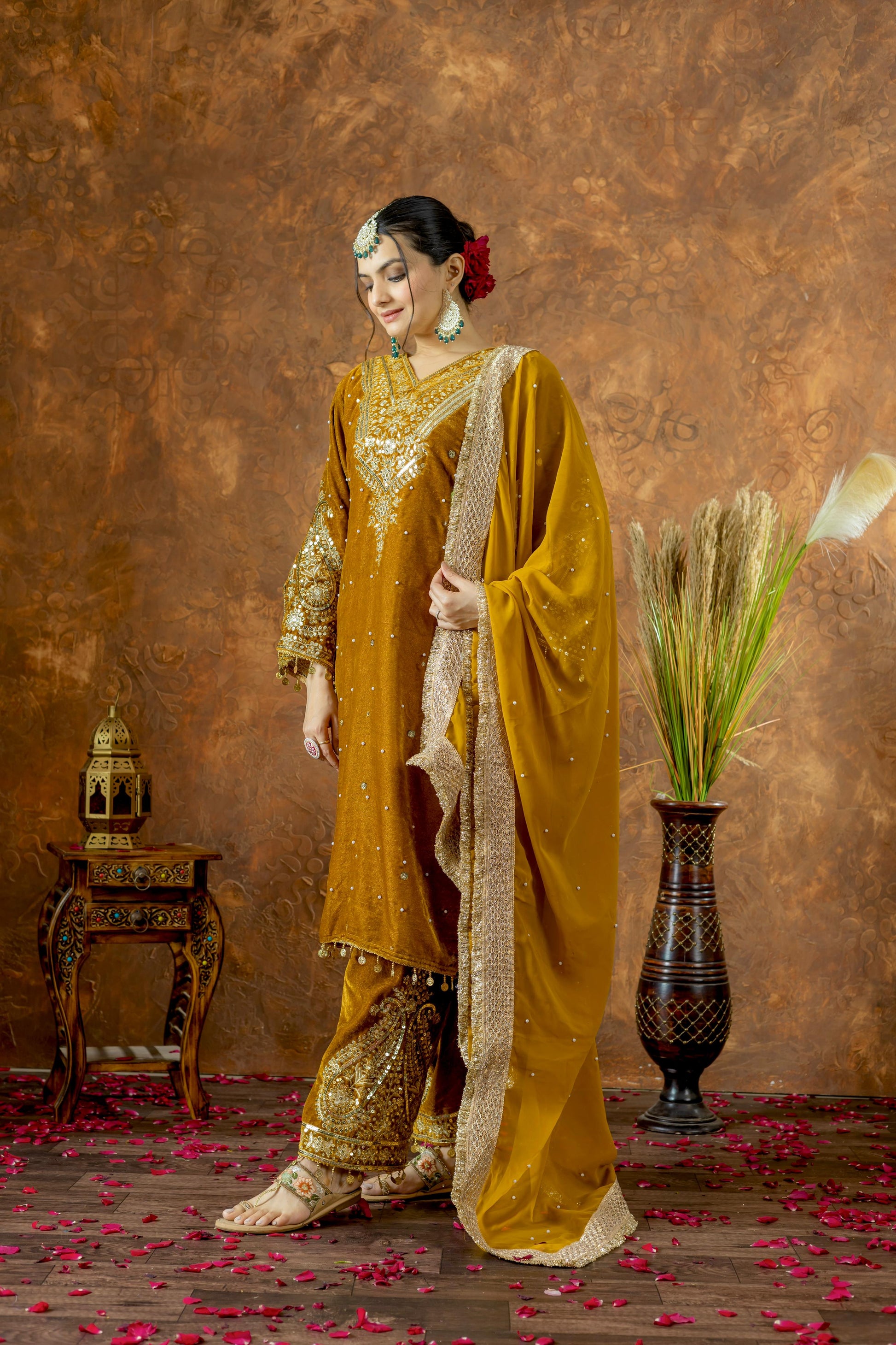 Mustard Velvet Kurta Set