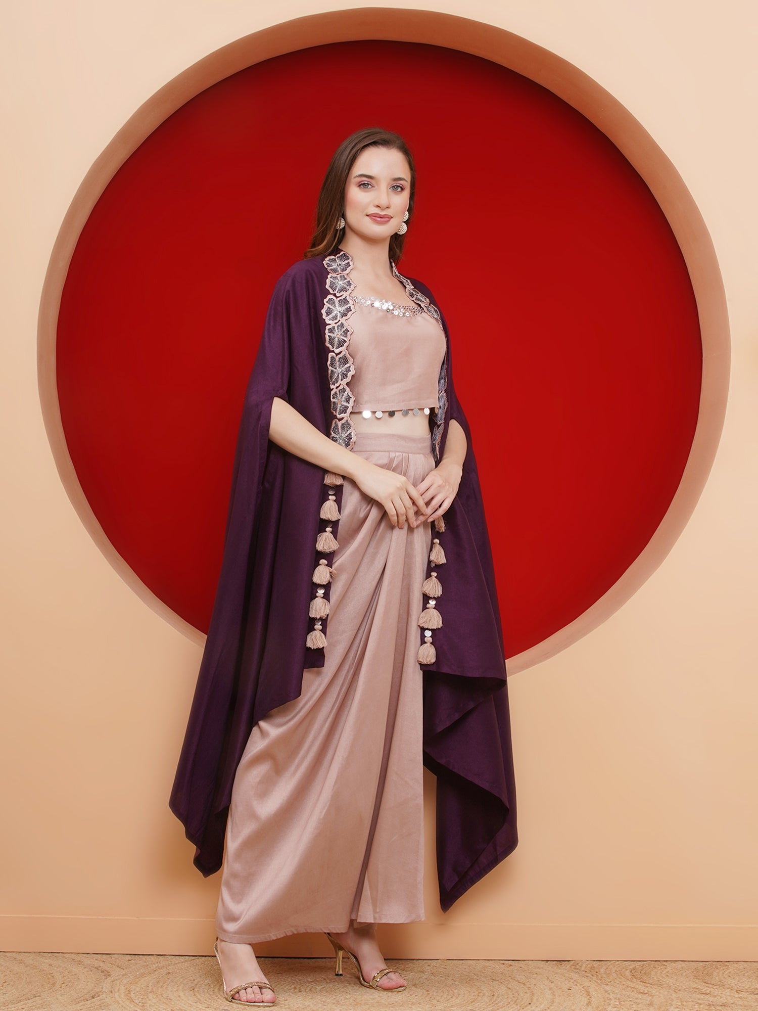 Women Purple and Rose Gold Skirt set with Cape