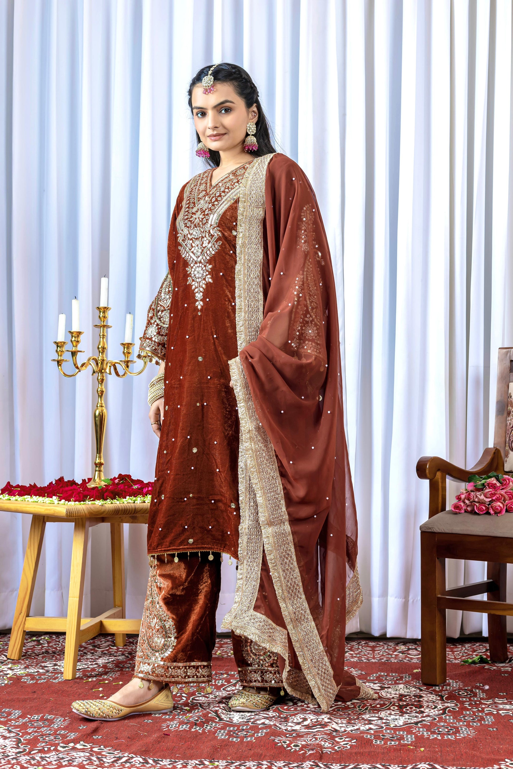Women Brown Velvet Kurta Set
