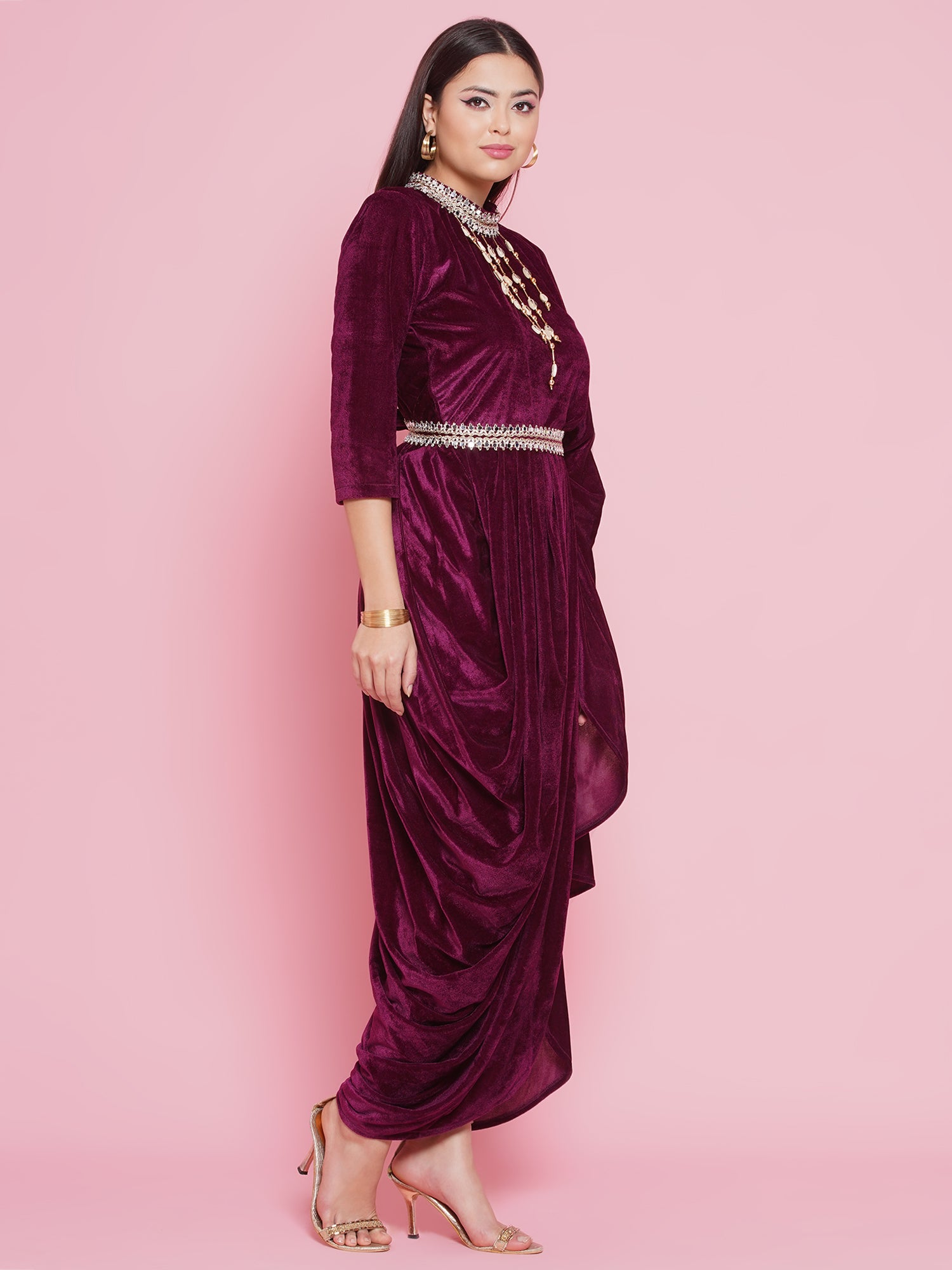 Women Wine Drape Kurta and Pant