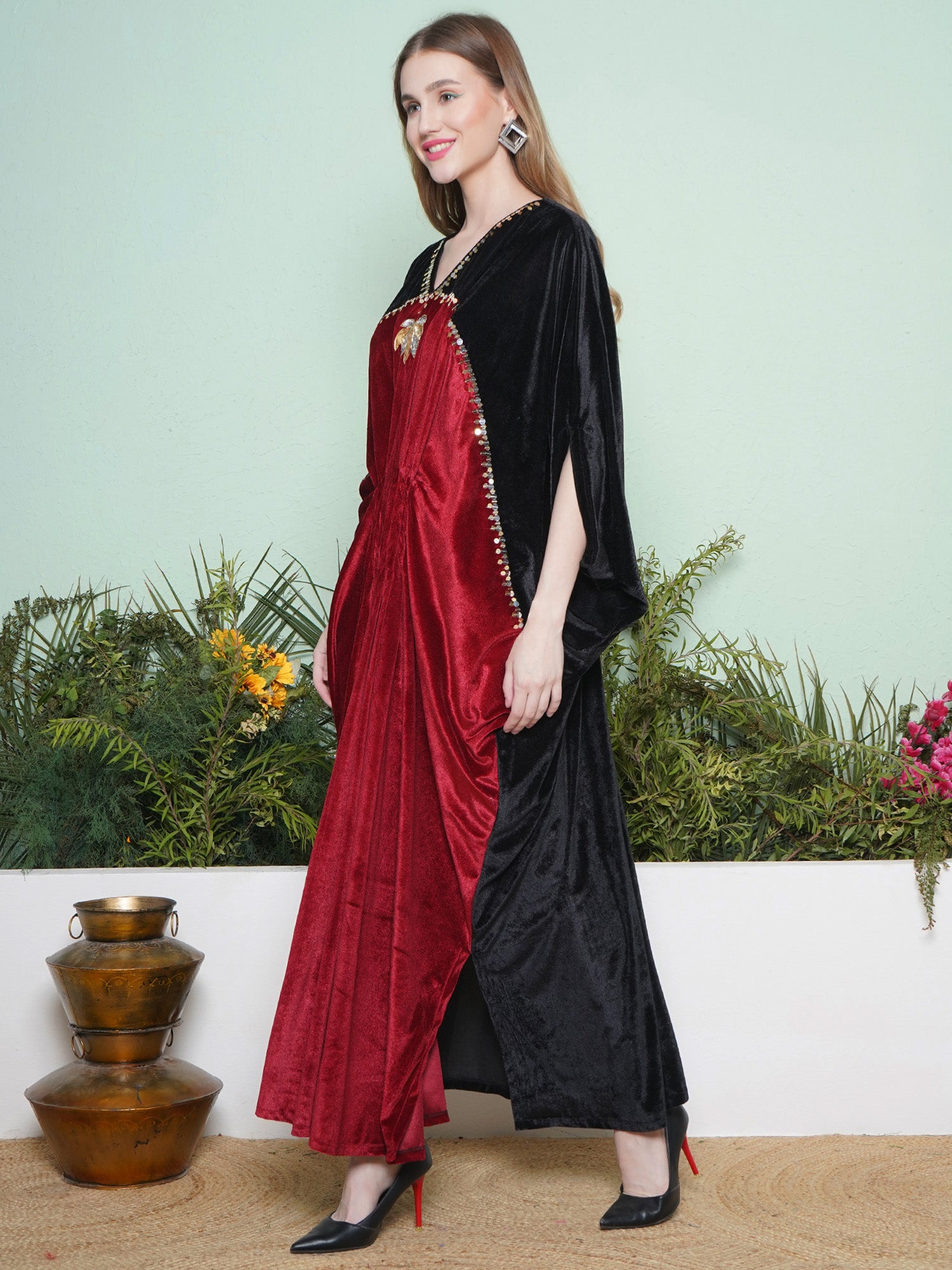 Women Black And Maroon Hand Embellished Gown